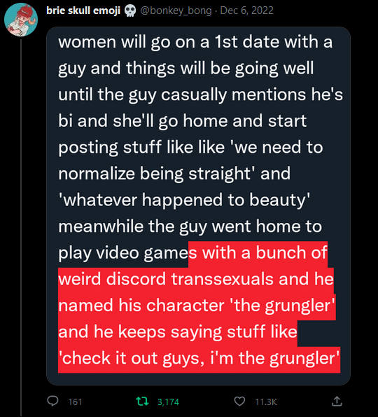 Tweet van @bonkey_kong geplaatst op 6 December 2022, met duizenden likes en retweets: 'women will go on a 1st date with a guy and things will be going well until the guy casually mentions he's bi and she'll go home and start posting stuff like 'we need to normalize being straight' and 'whatever happened to beauty' meanwhile the guy went home to play video games with a bunch of weird discord transsexuals and he named his character 'the grungler' and he keeps saying stuff like 'check it out guys, i'm the grungler,''